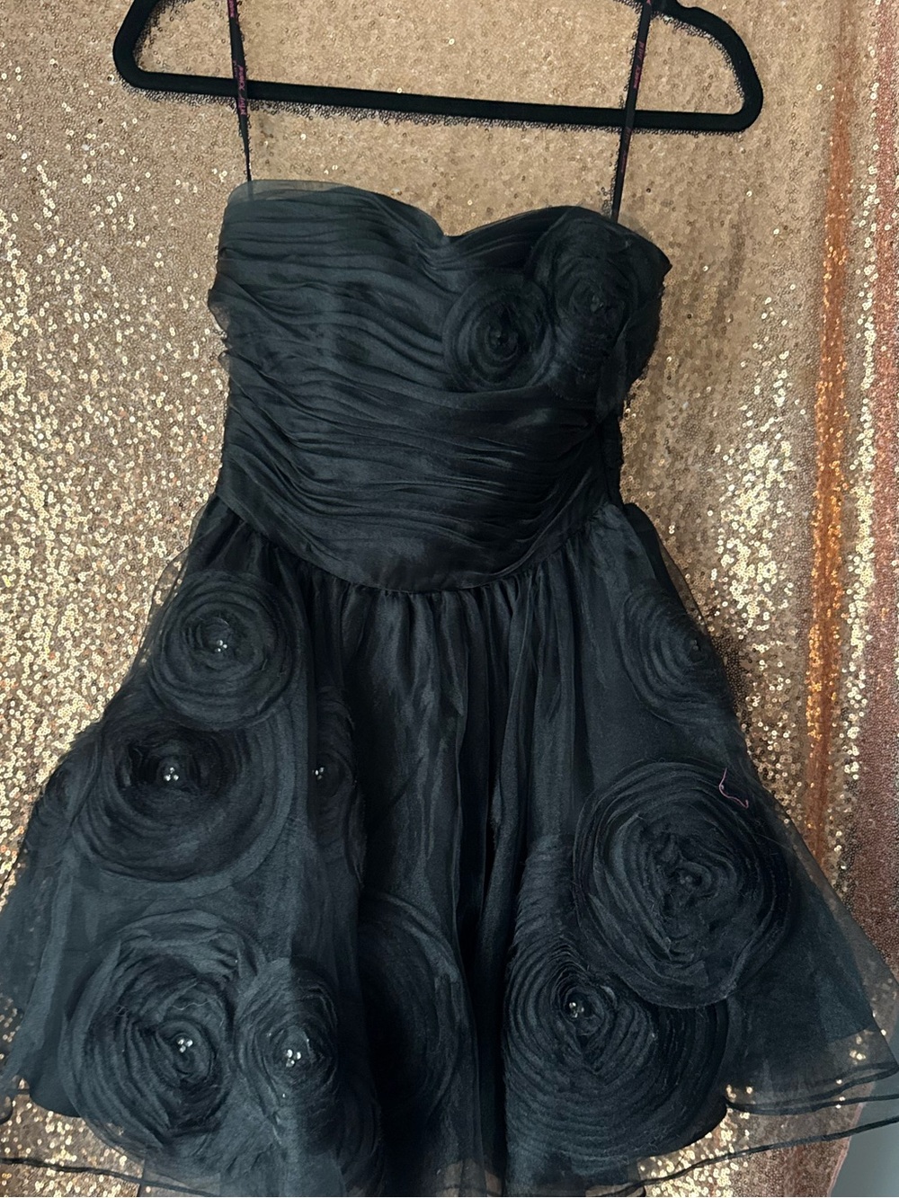 Black Floral Appliqué Strapless Party Dress Vintage Betsy Johnson